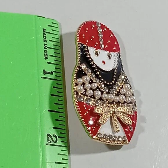 Lady Matryoshka Doll Style PIN Brooch Rhinestone Enamel Dragonfly Golden Pearly - Picture 3 of 7